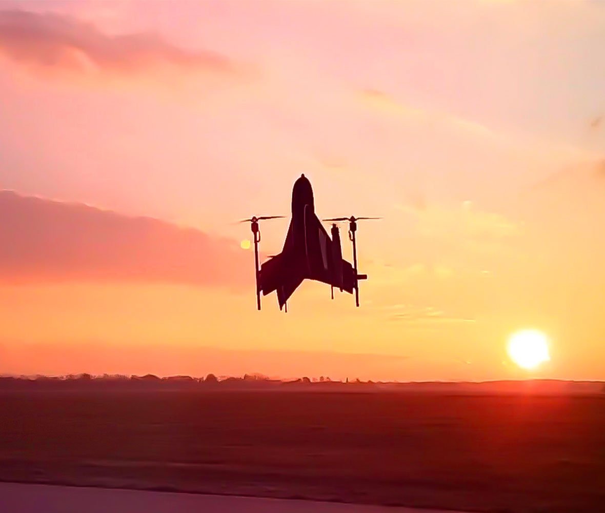 Vertical takeoff drone at dusk