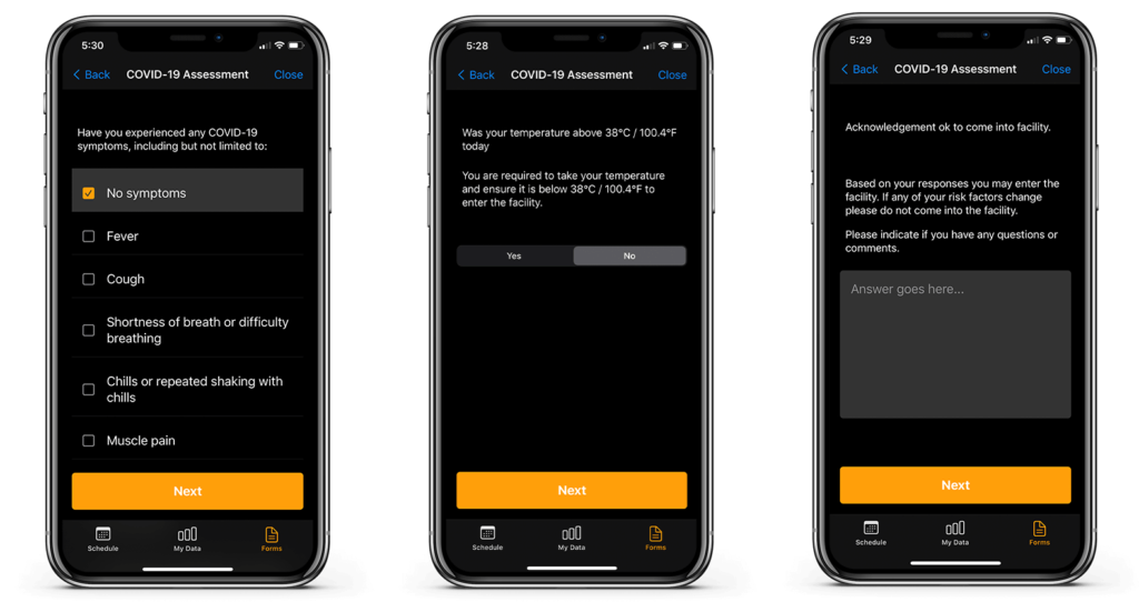 Kinduct's COVID-19 screening survey on an iPhone