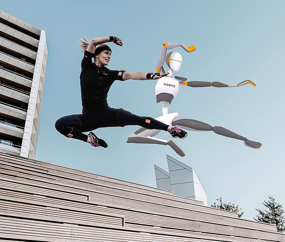 Image of woman in the air alongside an animated character