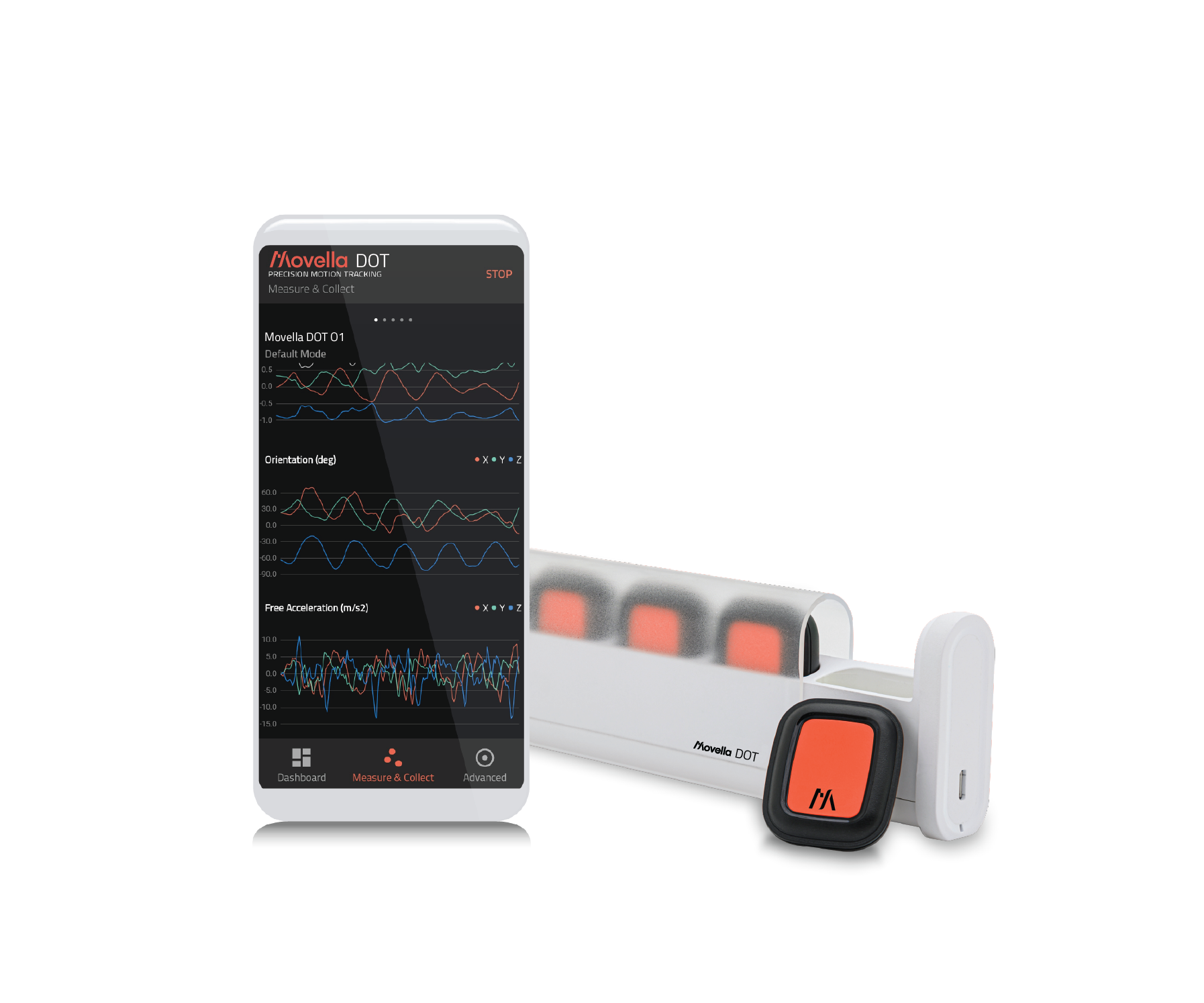 Movella DOT - app screenshot + phone + charger + sensors