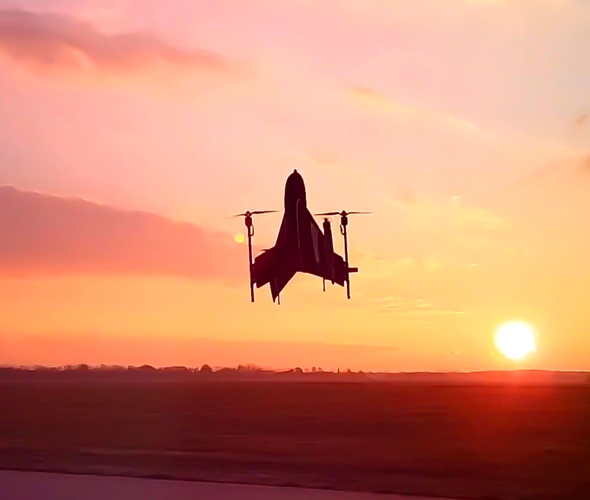 Vertical takeoff drone at dusk