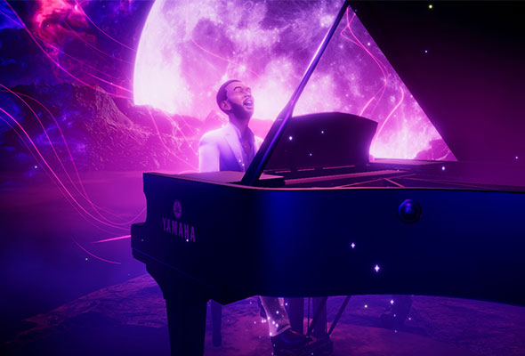 Image of man at piano performing with lighting effects