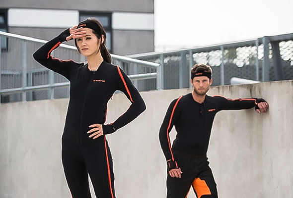 Man and woman wearing motion capture suits